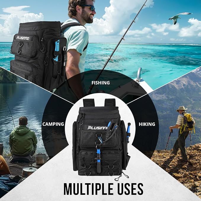 PLUSINNO Fishing Tackle Backpack with Rod Holders,42L Water-resistant Fishing Bag Store Fishing Gear,Fishing Gifts For Men.