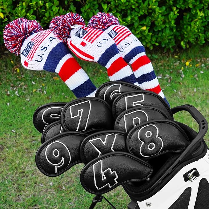 Craftsman Golf 10pcs Red No. on Both Sides Magnetic Closure Classic Black Leather Iron Headcover Covers Set Travel Cases Protector Available Custom with Name