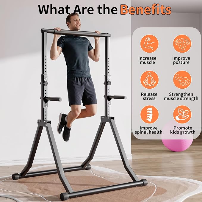 Foldable Power Tower Dip Station for Pull Ups, 66.1"-84.6" 12 Level 700 LBS, Adjustable Dip Handles & Assistance Bands Foldable Home Gym Equipment
