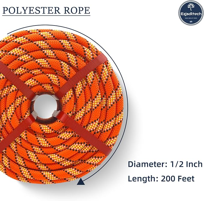 1/2 in x 200 ft Polyester Arborist Rigging Rope, Orange Braided Tree Climbing Rope 48 Strands for Farm Work and Swinging
