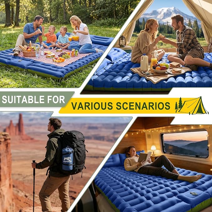 Myxslop Double Sleeping Pad - Ultralight Sleeping Mat with Built-in Foot Pump & Pillow, Portable Inflatable 2 Person Camping Mattress Pad Compact for Backpacking Hiking Tent Beach Camping Pad
