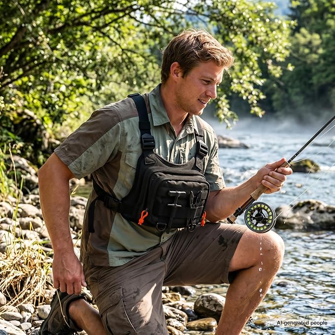 Fishing Chest Pack Vest Bag w/ Fish Floating Landing Net, Tackle Box, Fishing Lures Kit, Hook Remover, Fish Lip Gripper, Fishing Plier Friendly for Beginners Gifts for Men (w/ Fish Net) (Black)
