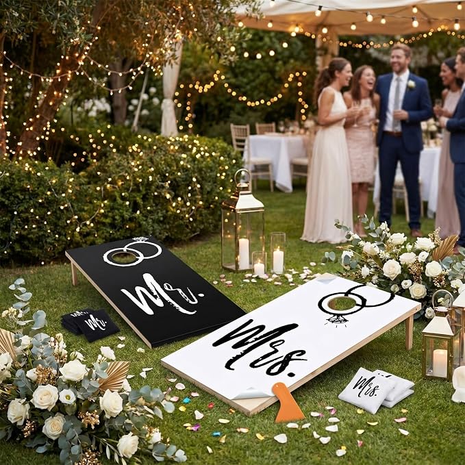 11 Pcs Wedding Cornhole Set for Reception, Mr & Mrs Cornhole Game with 8 Bean Bags & Board Wraps, Outdoor Lawn Toss Game for Wedding Party & Bridal Shower(Boards Not Included)