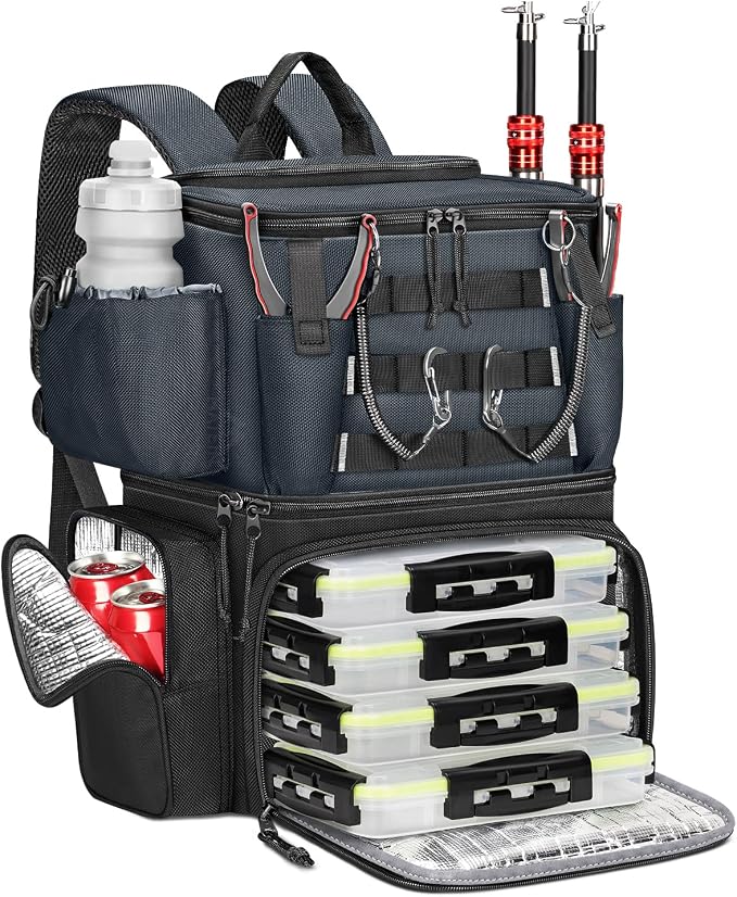 MATEIN Fishing Backpack with 4 Tackle Boxes, Fishing Bag with Rod Holder | 3600 Tackle Box 4 Pack, Water Resistant Tackle Backpack with Cooler Compartment, Safety Compass, Gifts for Fishermen