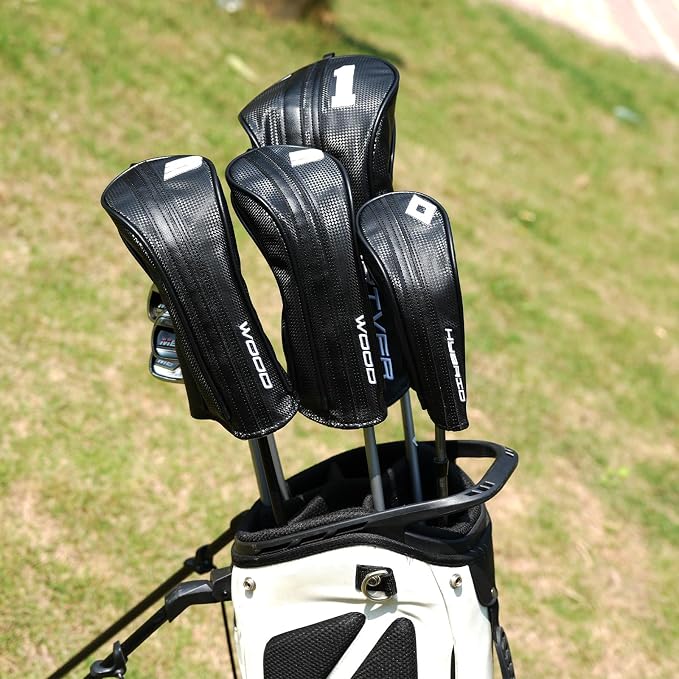 Golf Club Head Covers for Driver Fairway Woods Hybrid, Premium PU Leather Golf Head Covers with Carbon Fiber Pattern, Interchangeable Number Tags, Waterproof Golf Club Covers Set for Men Women
