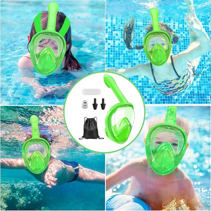 Kids Snorkel Mask Full Face, Snorkeling Gear for Kids with Camera Mount, 180 Degree Panoramic View Snorkeling Set Anti-Fog Anti-Leak