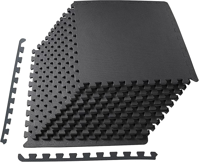 BalanceFrom Puzzle Exercise Mat 1/2" Thick, EVA Interlocking Foam Floor Tiles for Home Gym, Mat for Home Workout Equipment, Floor Padding for Kids, Black, 24 in x 24 in x 1/2 in, 48 Sq Ft - 12 Tiles