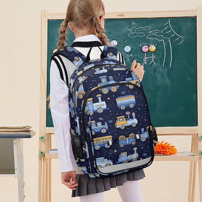 Fisyme Trains Cute Blue School Backpack Laptop Backpacks Bags Bookbag Travel Casual Computer Notebooks Daypacks