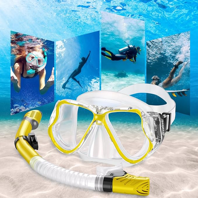 Greatever Dry Snorkel Set,Panoramic Wide View Anti-Fog Scuba Diving Mask,Professional Snorkeling Gear for Adults Kids