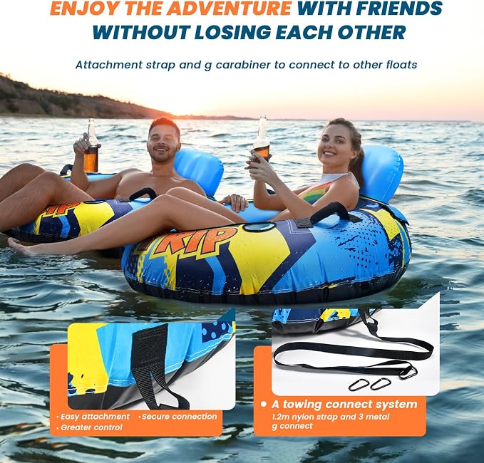 53" Heavy Duty River Tube With Premium Canvas Cover, Inflatable Water Tubes for Floating, Tubing Floats for Pool Lake, Rafts With 2 Cup Holders, 2 Grip Handles for Adults