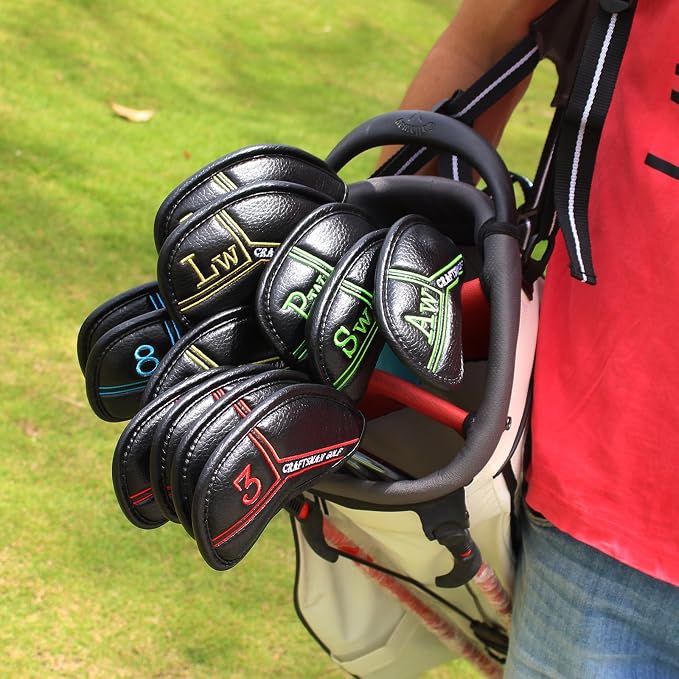 CRAFTSMAN GOLF 12pcs or 1pc Black Leather Golf Iron Head Covers Set Headcover Colorful Number Embroideried for Callaway Ping Taylormade Cobra Also Custom Version w/Your Name