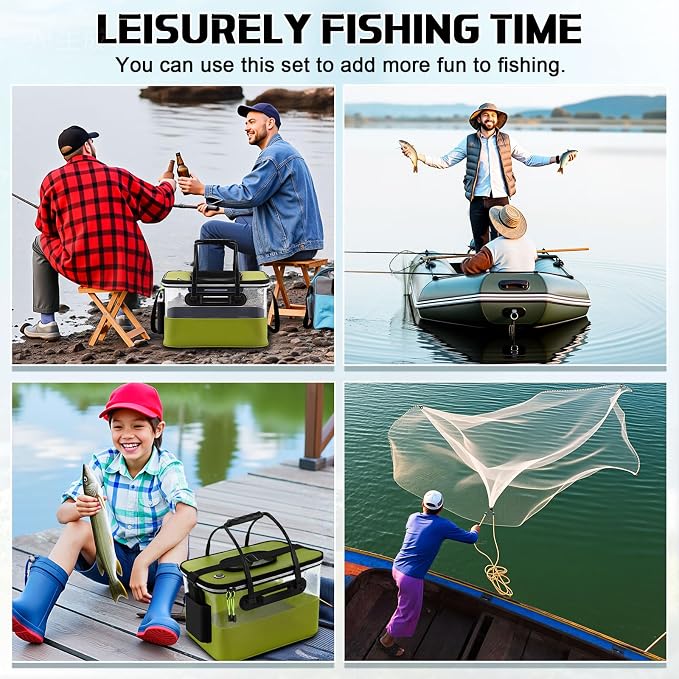 3 Pcs Fishing Bucket, Live Bait Aerator and Fishing Cast Net with Heavy Duty Sinker Foldable Live Bait Bucket Portable Quiet Aerator Fish Transport Container Outdoor EVA Bag