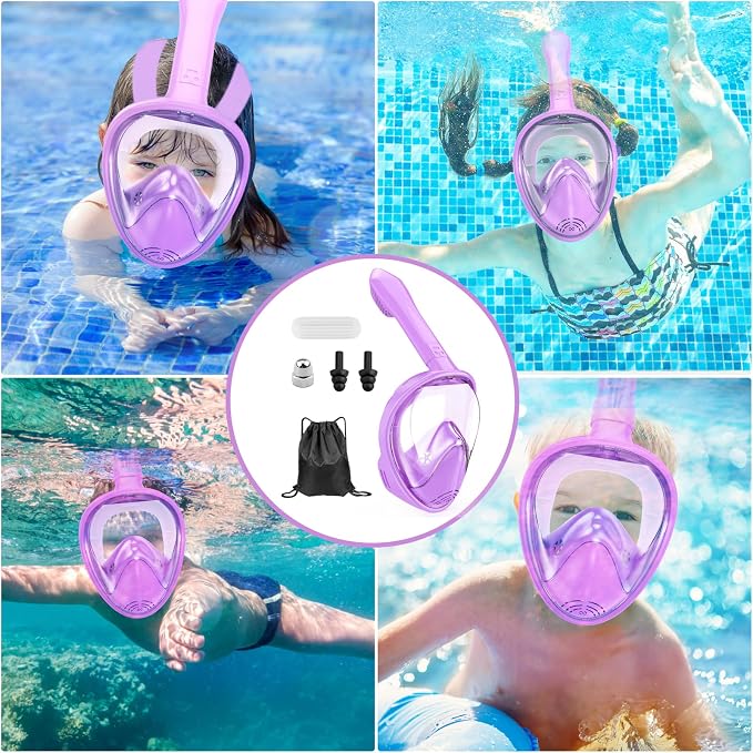 Kids Snorkel Mask Full Face, Snorkeling Gear for Kids with Camera Mount, 180 Degree Panoramic View Snorkeling Set Anti-Fog Anti-Leak