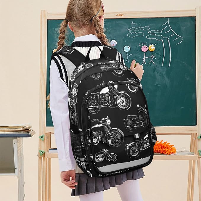 Fisyme Black White Motorcycles School Backpack Laptop Backpacks Bags Bookbag Travel Casual Computer Notebooks Daypacks