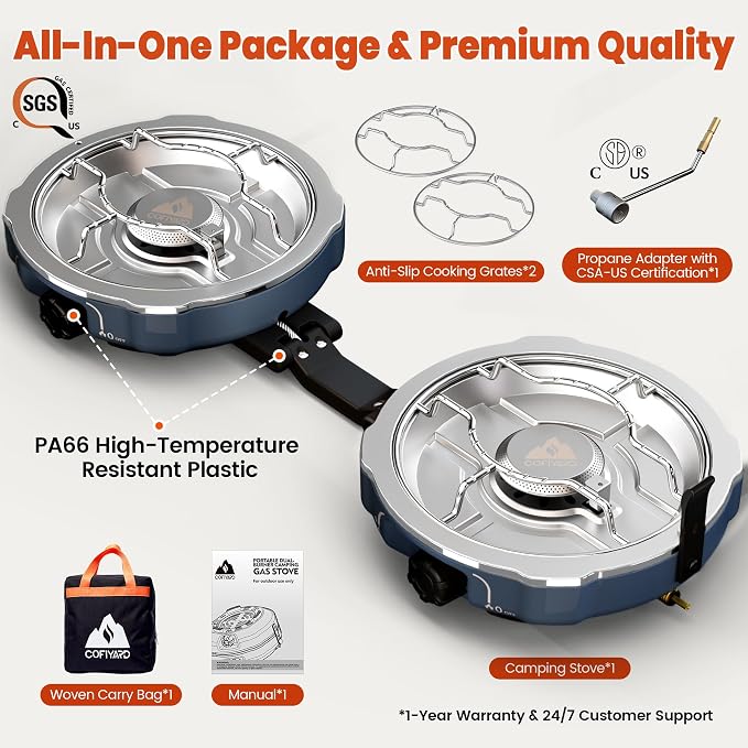 Cofiyard 20,000 BTUs 2 Burner Propane Camping Stove, Portable Folding Camp Stove with Adjustable Burners, Built-in Ignition and Carrying Bag, Dual Gas Stoves for Tailgating, Camping, BBQ Overland Grey