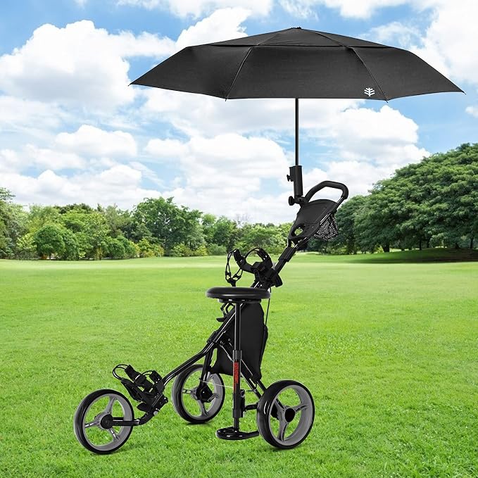 GYMAX Foldable 3-Wheel Height Adjustable Lightweight Golf Caddy Cart with Umbrella Holder, Hydraulic Seat, Storage Bag & Cup Holder