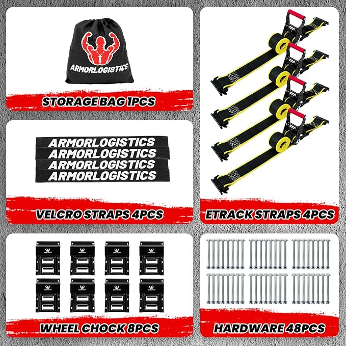 4Pack UTV Wheel Chock Tie-Down Kit, 2 in x 8 ft Heavy Duty Trailer Tire Straps, 4400lb Max Break Strength E Track System for ATV, UTV, SXS, Mower and More (Black)