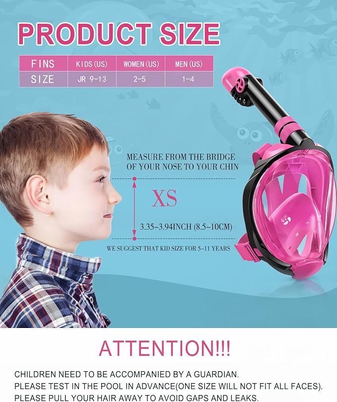 Viginsul Snorkeling Gear for Kids Teens, Full Face Snorkel Mask & Adjustable Swim Fins Snorkel Set, Panoramic View Snorkel Mask with Dry Top System & Gear Bag, Anti-Fog Anti-Leak