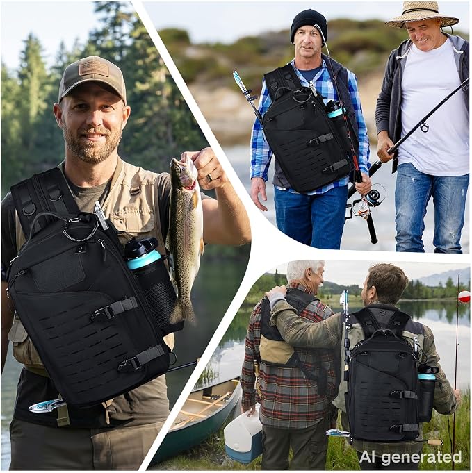 Goture Black Tackle Bag with Trays, Fishing Backpack for Men Professional Fishing Gear Organizer with MOLLE System, Rod Holder