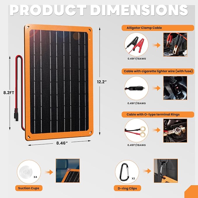 FieryRed 10W 12V Solar Panel Car Battery Charger & Maintainer, Waterproof Trickle Charger with Built-in Controller, Cig Plug, Alligator Clips, USB-C, USB-A Outputs for Car, Boat, RV, Tractor