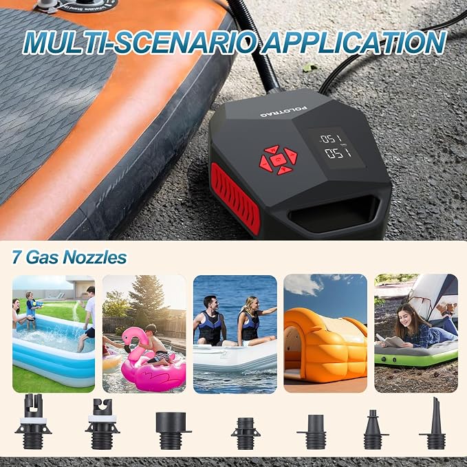 Polotrag Paddle Board Pump, SUP Pump Electric Portable with Auto-Off/Deflation, Dual Stage 12V DC Car Connector Air Pump for Inflatables, Kayak and Air Mattress