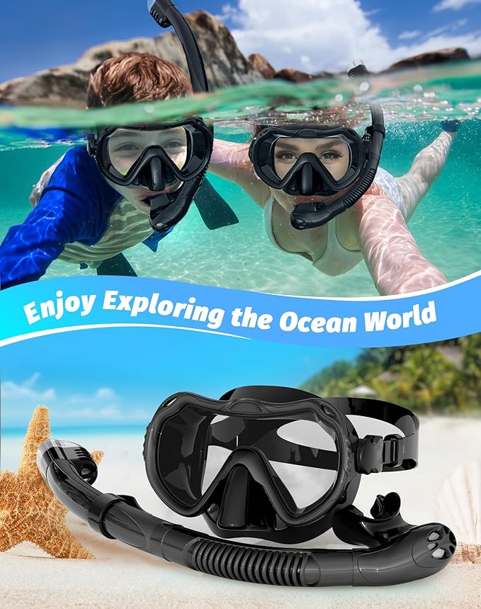 Snorkeling Gear for Adults, Snorkel Mask Set 180° Panoramic View Snorkel Gear, 100% Food-Grade Silicone Anti-Fog Anti-Leak Dry Top Diving Mask for Snorkeling Swimming Scuba Diving