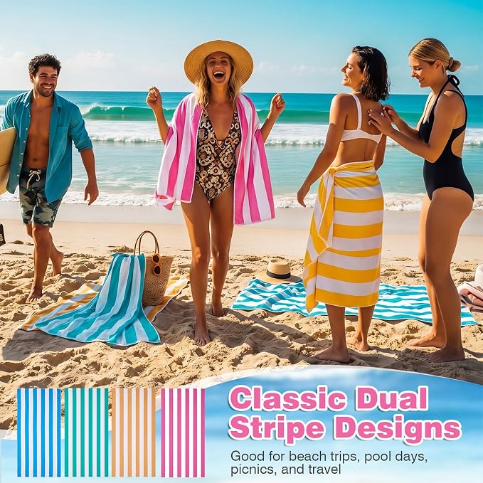4 Pcs 2-in-1 Stripe Beach Towel Backpack, 31.5 x 63 Foldable Lightweight Microfiber Towel Bag Quick Dry Sand-Resistant Towels for Pool Camping Yoga Travel (Pink,Orange,Blue,Green)