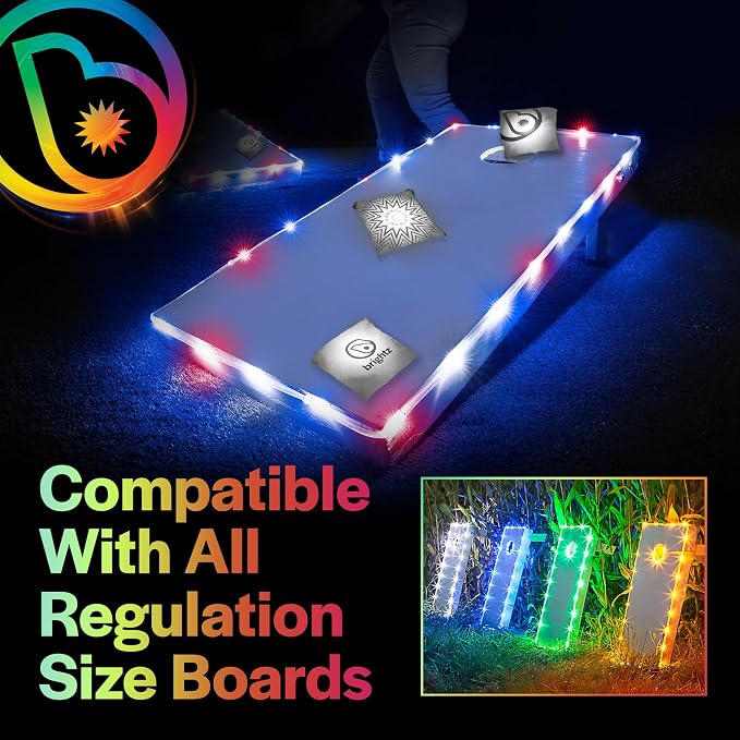 Brightz Cornhole Board Edge Lights with LED Bags - Includes 4-Pack of LED Cornhole Bags + TossBrightz Cornhole Board Edge Lights - The Ultimate Night Time Cornhole Master Set