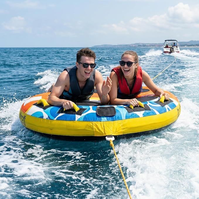 Heavy-Duty Towable Tube for Boating, Boat Tubes with Nylon Cover, Inflatable Water Sport Towables with Front Back Tow Points, Super Round Design