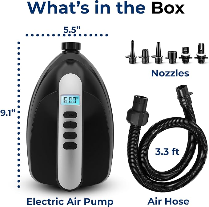 SereneLife Electric Air Pump Compressor – Portable Inflator for SUPs (Stand Up Paddle-Boards) & Pool Inflatables, Digital LCD Display, Adjustable Air Pressure Settings, Car Power Outlet Connection