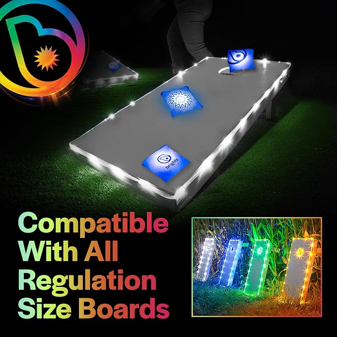 Brightz Cornhole Board Edge Lights with LED Bags - Includes 4-Pack of LED Cornhole Bags + TossBrightz Cornhole Board Edge Lights - The Ultimate Night Time Cornhole Master Set