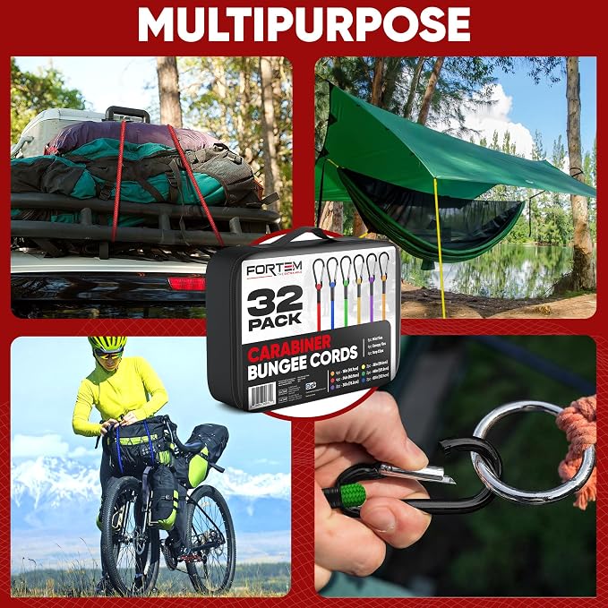 FORTEM Carabiner Bungee Cord Assortment, 32pk Bungee Cords Multi Pack, Includes 18", 24", 30", 36", 48", 60" Bungees and 8" Canopy Tarp Ball Ties, Coated Metal Hooks
