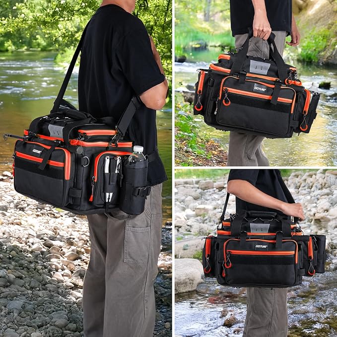 Goture Fishing Tackle Bag with 4PCS 3600 Tackle Boxes | 600D Water-Resistant, Rod Straps, Detachable Bottle Pouch,Waterproof Bottom, Freshwater & Saltwater Gear Storage Fishing Bag
