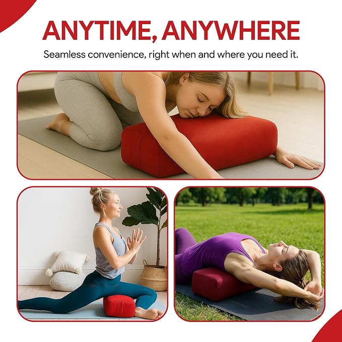 Rectangular Yoga Bolster Pillow for Meditation, Yoga & Back Support โ Soft Meditation Cushion with Removable Hand Wash Cotton Cover & Carry Handle (Red)