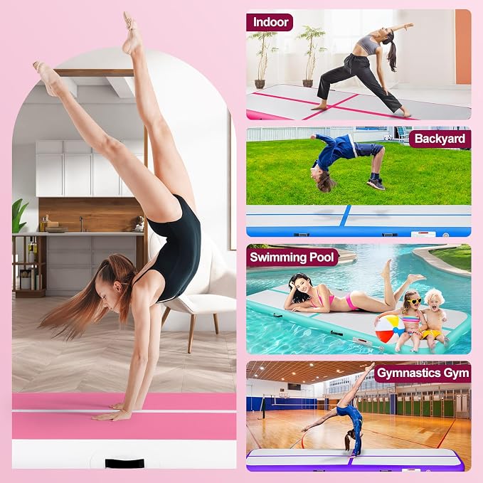 Inflatable Gymnastics Mat 10ft/13ft/16ft/20ft/ Air Tumbling Track Mats 4/8 inches Thick for Home Use/Training/Cheerleading/Yoga/Water with Pump