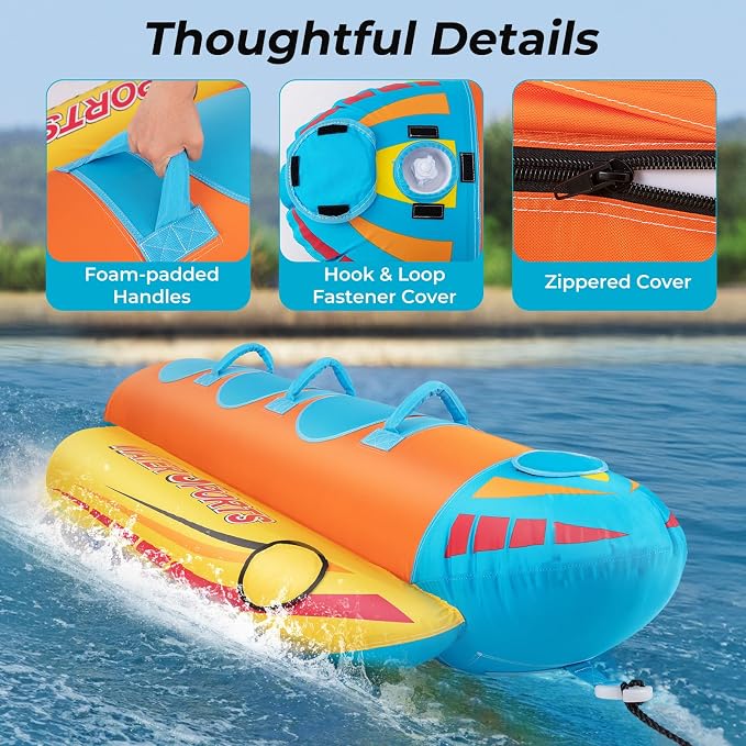 Towable Tubes for Boating, Inflatable Hot Dog Water Tube for Boat to Pull, Water Sports Banana Boat Tubes and Towables w/Double Stitched Nylon Cover, Padded Seat, Easy Grip Handles