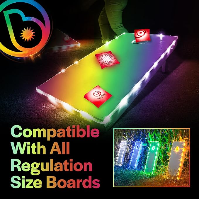 Brightz Cornhole Board Edge Lights with LED Bags - Includes 4-Pack of LED Cornhole Bags + TossBrightz Cornhole Board Edge Lights - The Ultimate Night Time Cornhole Master Set