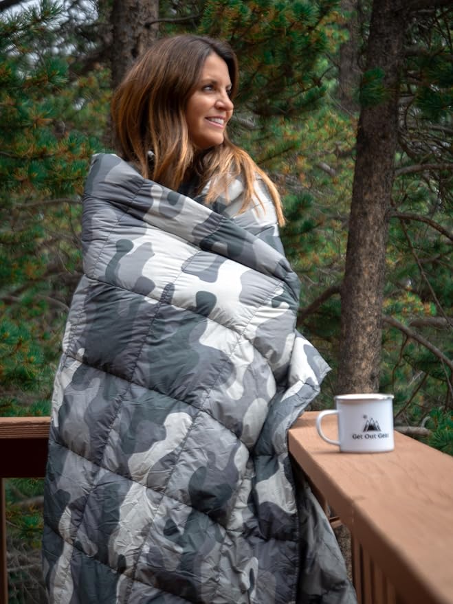 Get Out Gear Down Camping Blanket - Puffy, Packable, Lightweight and Warm | Ideal for Outdoors, Travel, Stadium, Festivals, Beach, Hammock | 650 Fill Power Water-Resistant Backpacking Quilt