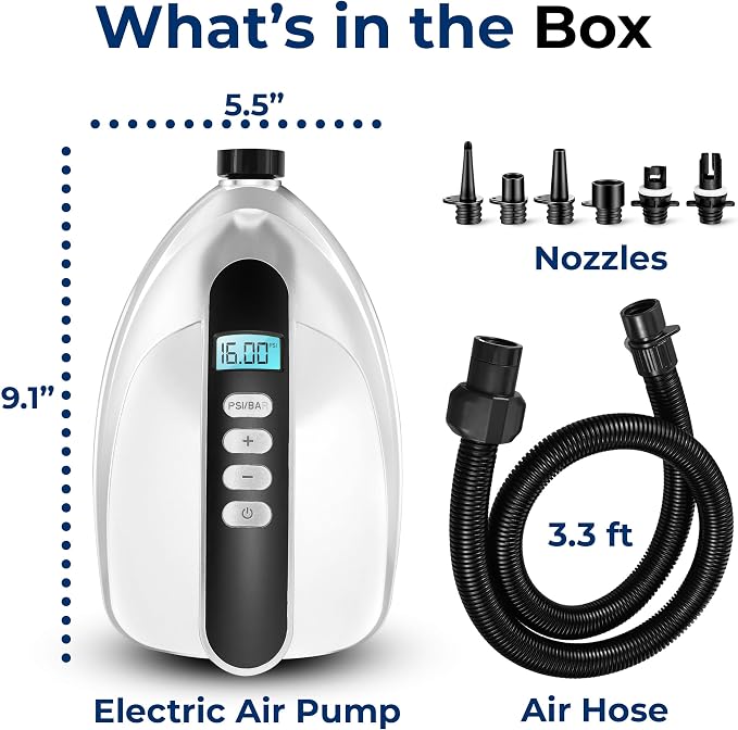 Paddle Board Electric Pump - Portable 16 PSI SUP Pump for Super Fast Inflation, Auto-Off, LCD Display and 12V Car Connector - SUP Inflator for Paddle Boards, Boats & Inflatables