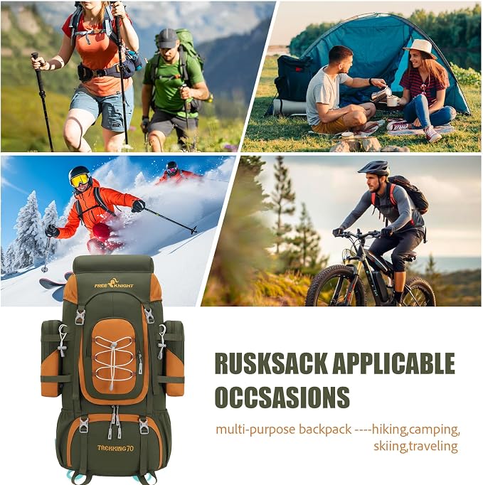 Bseash 70L (65+5) Waterproof Hiking Camping Backpack with Rain Cover, Outdoor Sport Travel Daypack for Climbing Touring (Army Green)