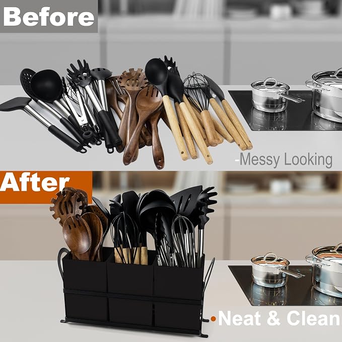 Czlizdyt Large Kitchen Utensil Holder, Drainage Utensil Caddy for Countertop, 3pcs Bins Set Cooking Utensil Organizer for Spoons, Spatulas, Black