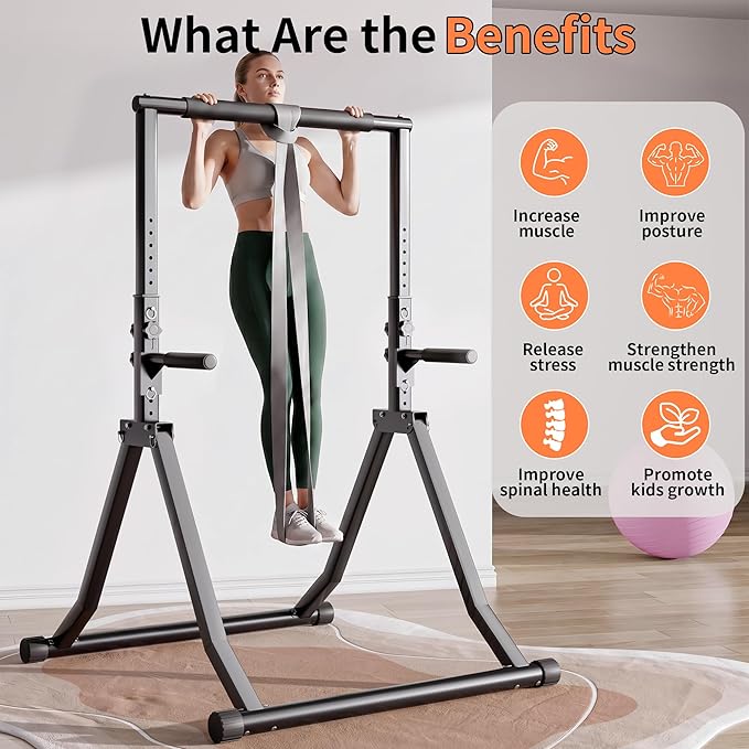 Foldable Power Tower Dip Station for Pull Ups, 58.3"-76.8" 12 Level 700 LBS, Adjustable Dip Handles & Assistance Bands Foldable Home Gym Equipment