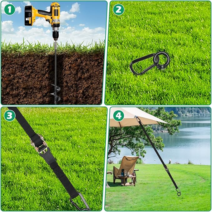 Trampoline Anchors, 6 Pack 18" RV Awning Tie Down Kit with6 Ratchet Straps, Heavy Duty Screw-in Stakes for Trampolines, RV Awnings & Swing Sets