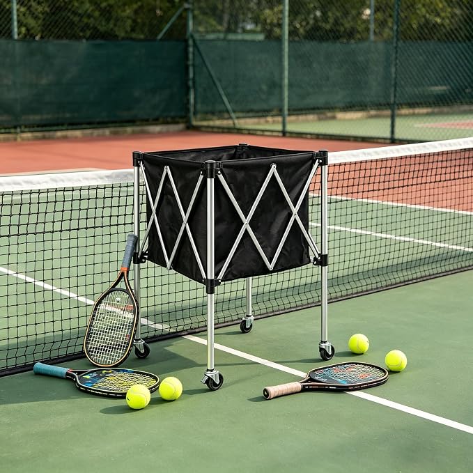 Foldable Tennis Ball Hopper Cart with Wheels, Portable Pickleball Volleyball Ball Basket Holder Caddy for Sports Training