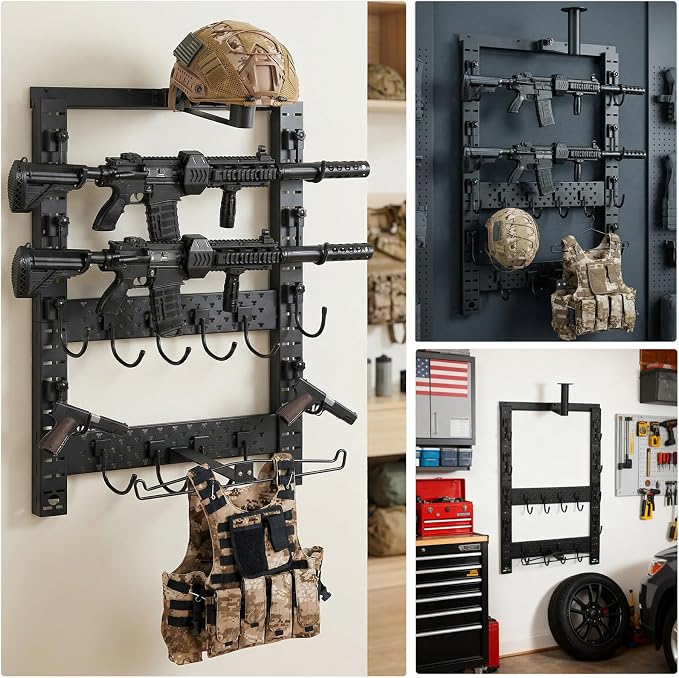 SUNPIE Horizontal Gun Rack Mount 25''W by 35''H, Heavy Duty Steel, Keeps 80lb, Indoor Tools Tactical Guns Racks Set with Helmet Hook and Upgrade Tactical Hanger, Black