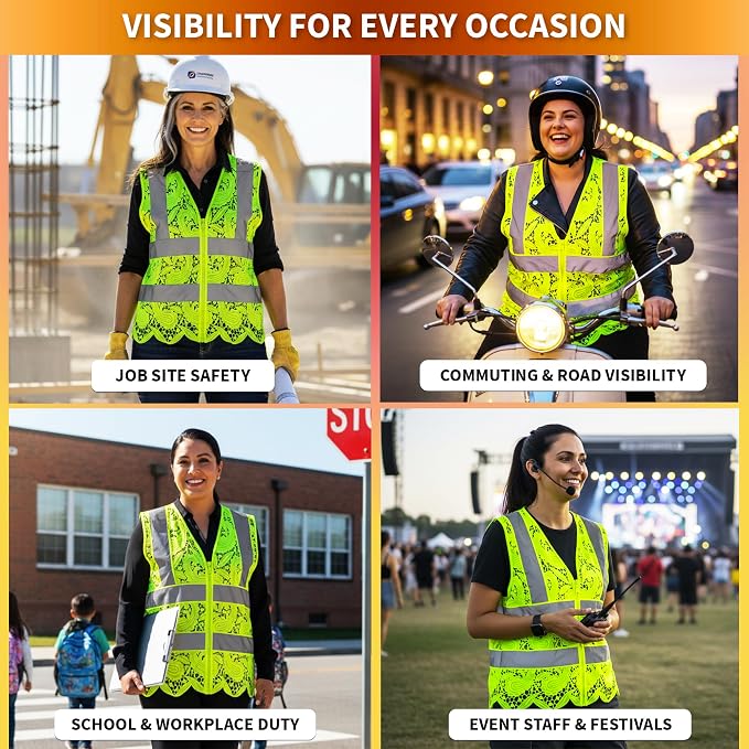 Lace-Mesh Safety Vest for Women & Men - Breathable, High Visibility Vest with Zipper & ANSI Class 2 Reflective Strips
