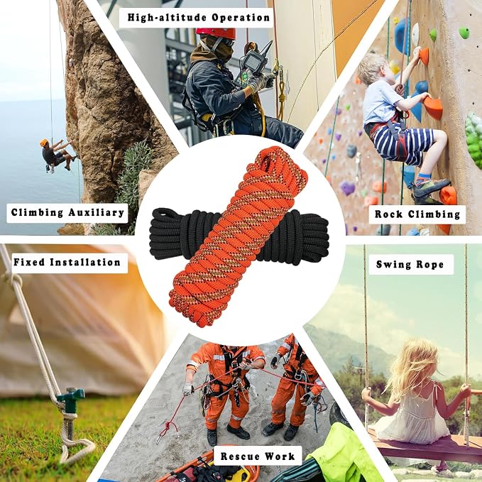 10mm Climbing Rope with Hook and 10mm Single Rope, Orange Black 65.6ft