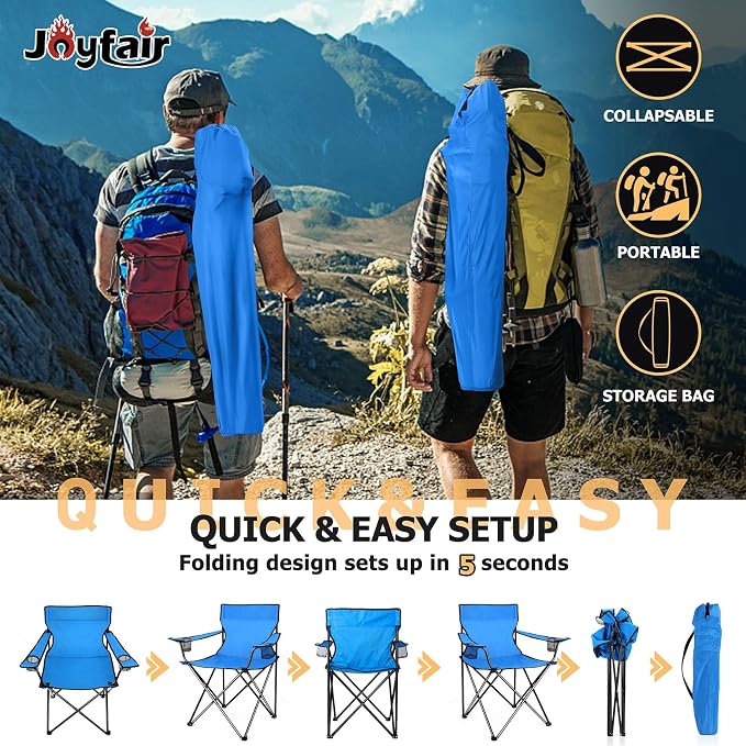 Joyfair Portable Camping Chair, Outdoor Lawn Folding Chairs for Adults, Heavy Duty Large Foldable Chairs for Beach, Fishing, Tailgating and More Outdoor Sport, Carry Bag & Cup Holder