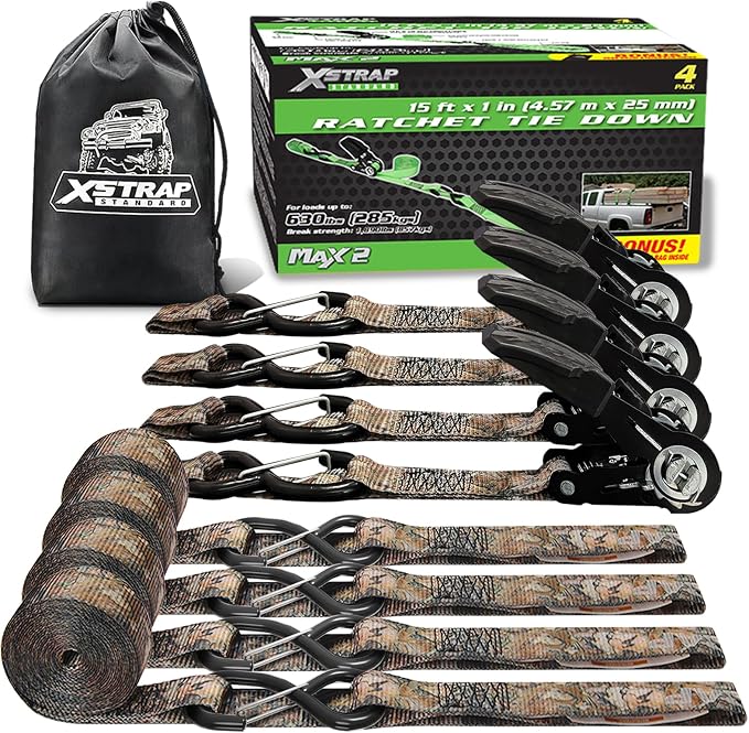 XSTRAP STANDARD 4-Pack Ratchet tie-Down Straps (1" x 15 ft) Feature Integrated Soft Loops, Padded Handles, Coated S-Hooks with Safety Clips, 1890 lbs Break Strength for Motorcycles, Trucks(Camouflage)