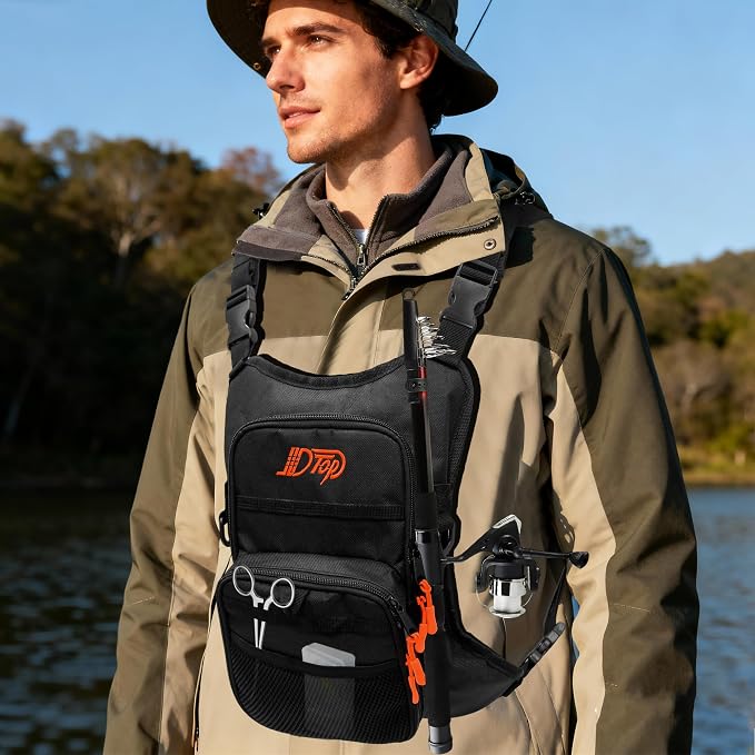 Fishing Chest Pack for Men, Lightweight Fishing Backpack, Fly Boxes Storage Bag (Black)
